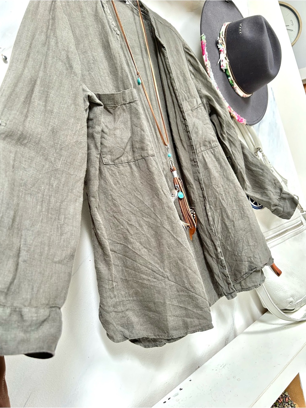 Zara Linen Olive Green Lightweight boho shirt w resort vacay beach country vibe - Picture 3 of 15
